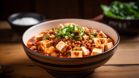 Tofu spicy soup in bowl on wooden table, closeupの素材
