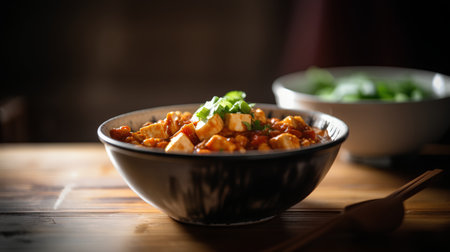 Bowl of spicy tofu salad on wooden table, selective focusの素材