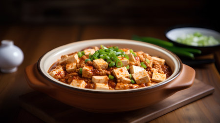 Tofu in a clay pot on a wooden table with green onionsの素材