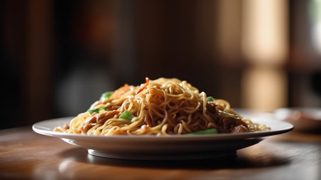 chinese fried noodle with pork and vegetable on wood table.の素材