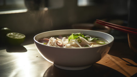 Vietnamese noodle soup in a white bowl on a wooden tableの素材