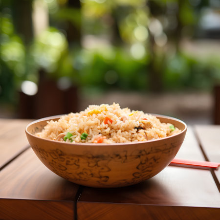 Bowl of fried rice on a wooden table in the garden.の素材