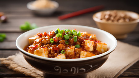 Tofu in tomato sauce with sesame seeds on wooden backgroundの素材