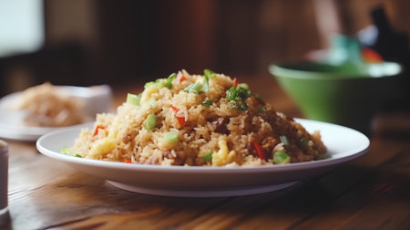 Fried rice with pork and vegetables on wooden table, selective focusの素材