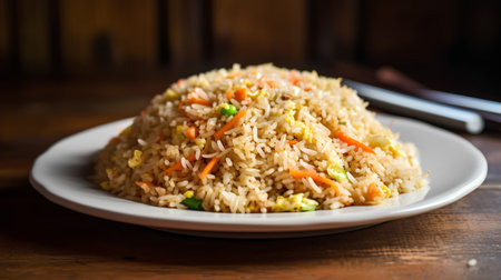 fried rice with vegetables on a white plate in a rustic styleの素材
