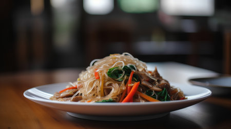 stir-fried noodle with pork and vegetables on white plateの素材