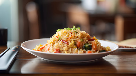 Fried rice with vegetables in a plate on a wooden table.の素材