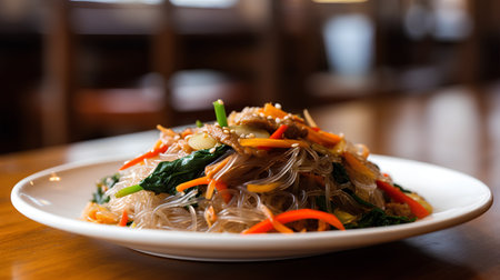 Stir-fried rice noodles with vegetables on a white plate.の素材