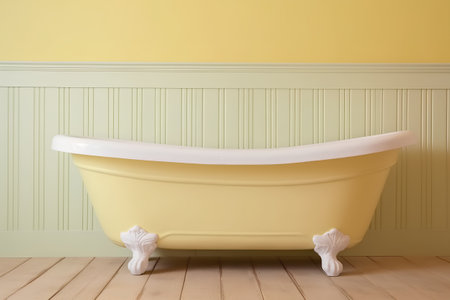 Bathroom interior with yellow wall and wooden floor. 3d renderの素材