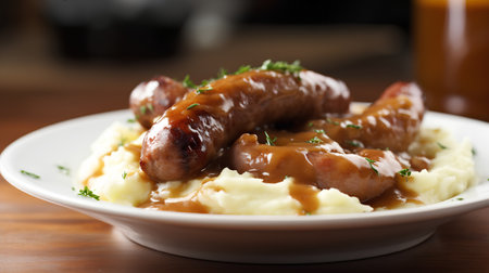 Sausage with Mashed Potatoes, close up, verticalの素材