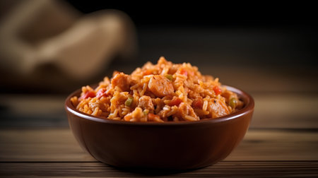 Bowl of spicy pilaf on wooden table. Selective focusの素材