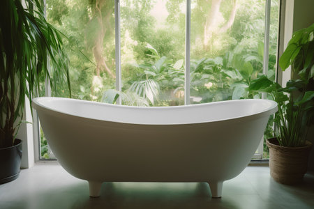 Bathtub in bathroom with green plants on the windowsill.の素材