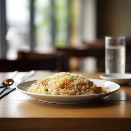 Rice in a white plate on a wooden table in a restaurantの素材
