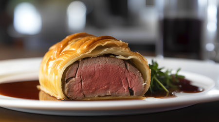 Beef steak in puff pastry on white plate, shallow depth of fieldの素材