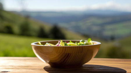Fresh salad in a wooden bowl on a wooden table against the background of the mountainsの素材