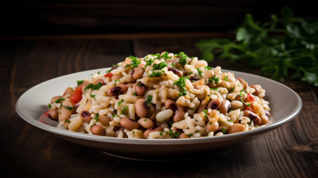 Pasta salad with beans, tomato and parsley on wooden backgroundの素材
