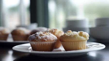 Muffins with sugar powder on a table in a cafe.の素材