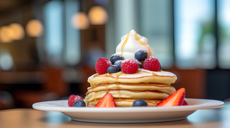 Pancakes with fresh berries and whipped cream on a plate.の素材