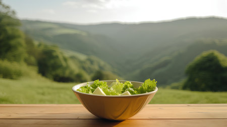 Green salad in a bowl on a wooden table against the background of the mountainsの素材