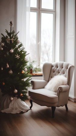 Christmas tree with white fur in the living room of a modern houseの素材