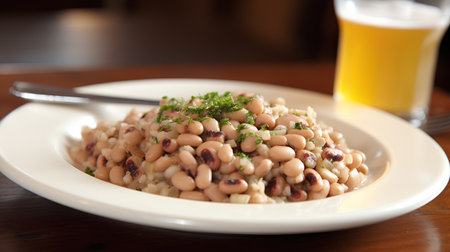 A plate of white beans with a glass of beer in the backgroundの素材
