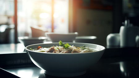 Bowl of noodle soup on table in restaurant. Shallow depth of fieldの素材