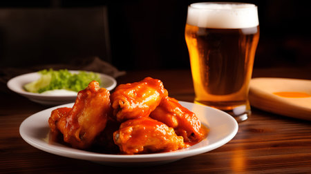 barbecue chicken wings on a plate with a glass of beer on a wooden tableの素材