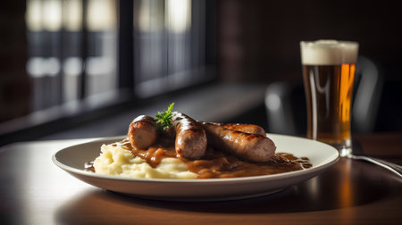 Grilled sausages with mashed potatoes and beer on wooden tableの素材