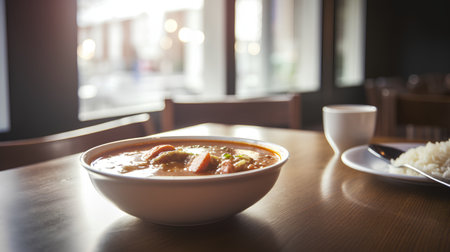 Curry in a bowl on a table in a restaurant. Selective focus.の素材