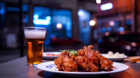 Crispy fried chicken wings on a plate with a glass of beerの素材