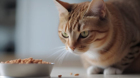 Red cat eating from a bowl of dry food, shallow depth of fieldの素材