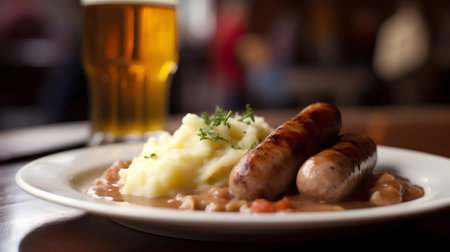 Sausage with mash potatoes on a plate. Selective focus.の素材