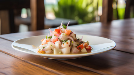 Fresh seafood salad in a white plate on a wooden table in a restaurantの素材