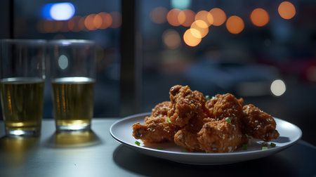 Fried chicken wings on a plate and two glasses of beer.の素材