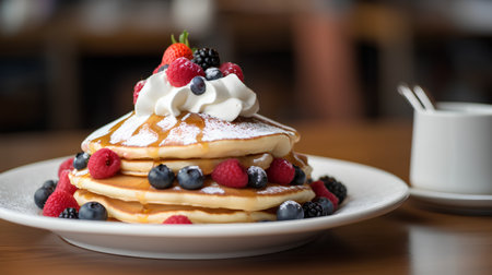 Stack of pancakes with fresh berries and whipped cream on wooden table.の素材