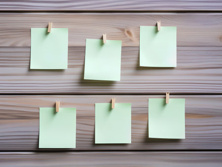 Green sticky notes with clothespins on a wooden background. 3d renderの素材