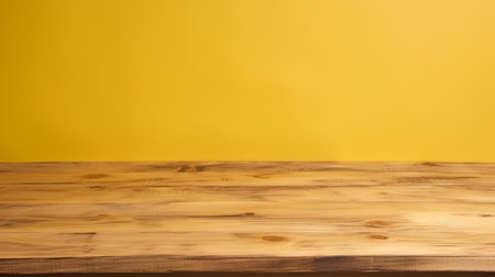 Empty wooden table over yellow background. Ready for product display montageの素材