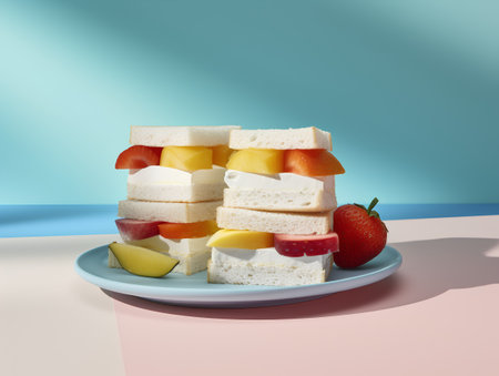 Fruit sandwich on blue plate on pastel background. 3d renderingの素材