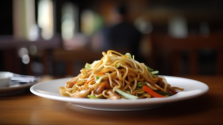 Fried noodles with vegetables on the table in a restaurant. Selective focus.の素材