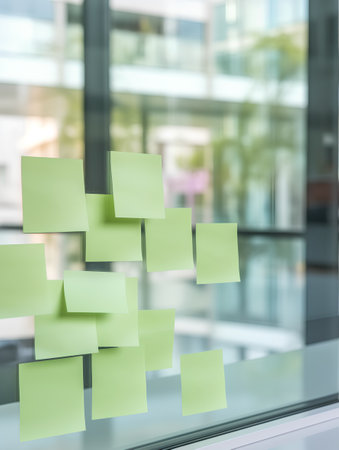 sticky note on the glass wall with office building background, business conceptの素材