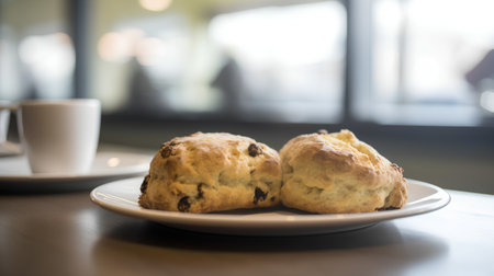 Scones with raisins and coffee on wooden table.の素材