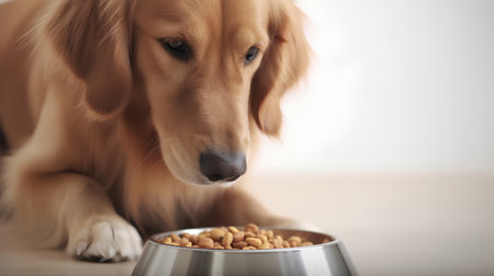 Cute golden retriever dog eating dry food from a bowl.の素材