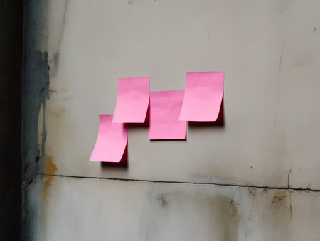 Pink sticky notes on the wall of a building in Bangkok, Thailandの素材