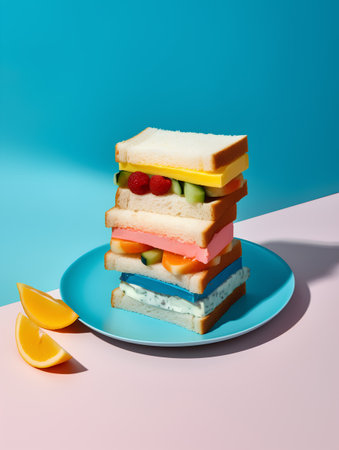 Fruit sandwich on blue plate with orange on pink and blue backgroundの素材