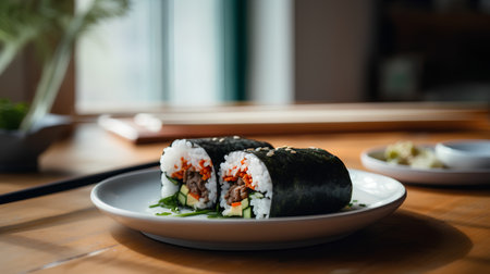 Sushi roll with salmon, cucumber, cheese and sesame seedsの素材