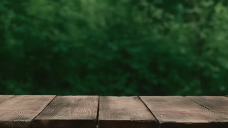 Wooden table background in front of blurred green forest. For product displayの素材