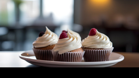 Cupcakes with cream and raspberries on a white plateの素材