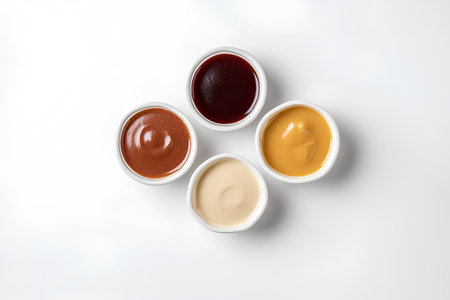 Set of different sauces in bowls isolated on white background, top viewの素材
