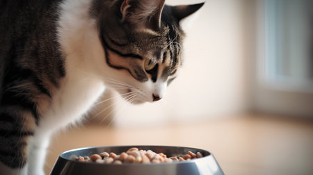 Cat eating dry food from a bowl at home. Selective focus.の素材