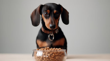 Dachshund dog and bowl of dry food on wooden tableの素材